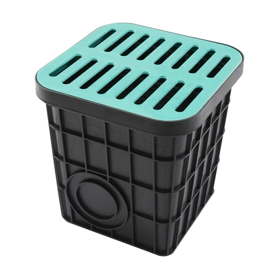 Catch Basin with Grate, 15.7" Square Drainage Basin for Yard Lawn, Removable Debris Basket, Black Green