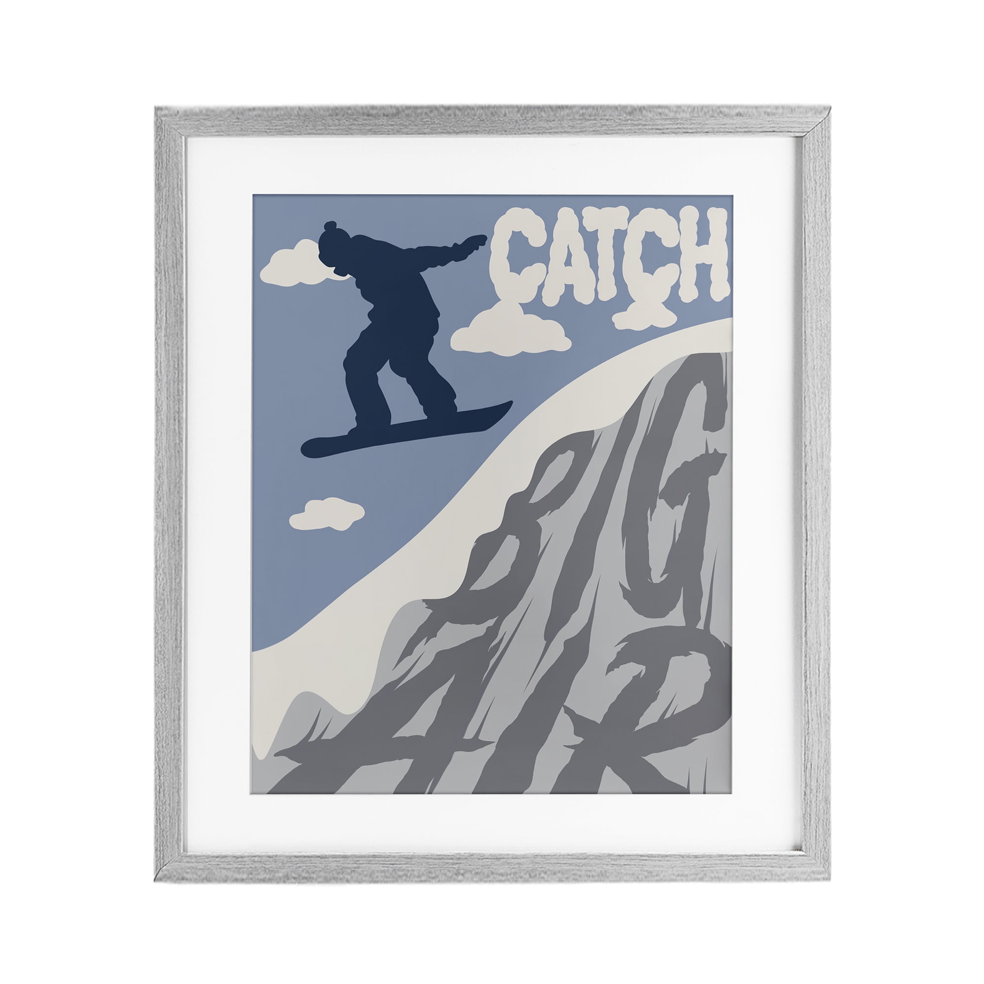 Catch Big Air Snowboard Gray Framed Print Under Glass, design by Marcus Prime