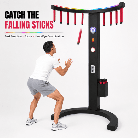 Catch Stick Arcade Reaction Game Machine, Coin Operated Falling Stick Game with 10 Foam Sticks, LED Score Display, Pull-Out Storage Drawer for Bars, Parties, Carnivals & Gyms
