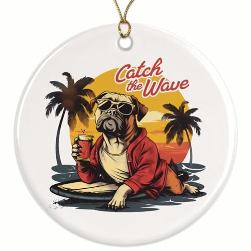 Catch The Wave Christmas Ornament - Surfer Surfing - Dog Riding Surfboard Magnet - 2.8" Round Ornament - Gold String Included - UV Printed Design - Glossy Ceramic - BMCO0891