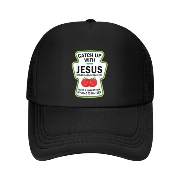 Catch Up With Jesus Funny Christian Ketchup Pun Food Meme Baseball Cap