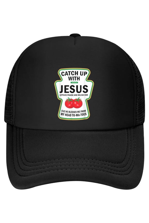 Catch Up With Jesus Funny Christian Ketchup Pun Food Meme Baseball Cap