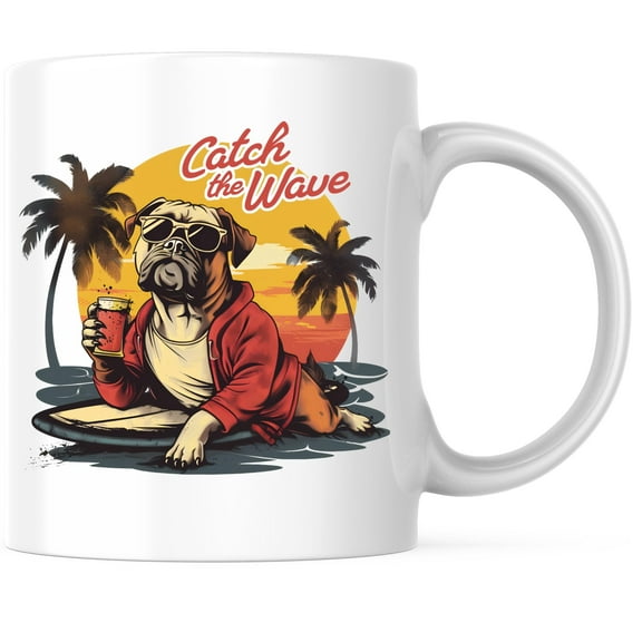 Catch the Wave Coffee Mug - Surfer Surfing - Dog Riding Surfboard Mug - 11 Ounce Coffee Mug - Printed On Both Sides - Microwave & Dishwasher Safe - White Handle & Interior - BMCM00739