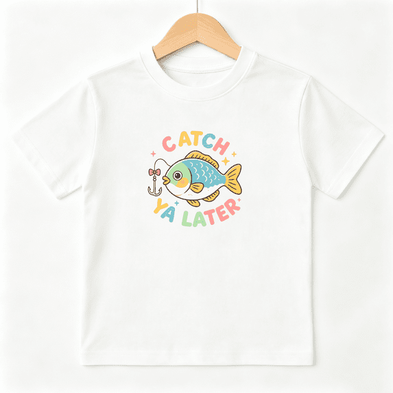 Catch Ya Later Fish Girls Graphic Tee, Cute Blue Ocean Fishing 100% Cotton Kids Short Sleeve T-Shirt