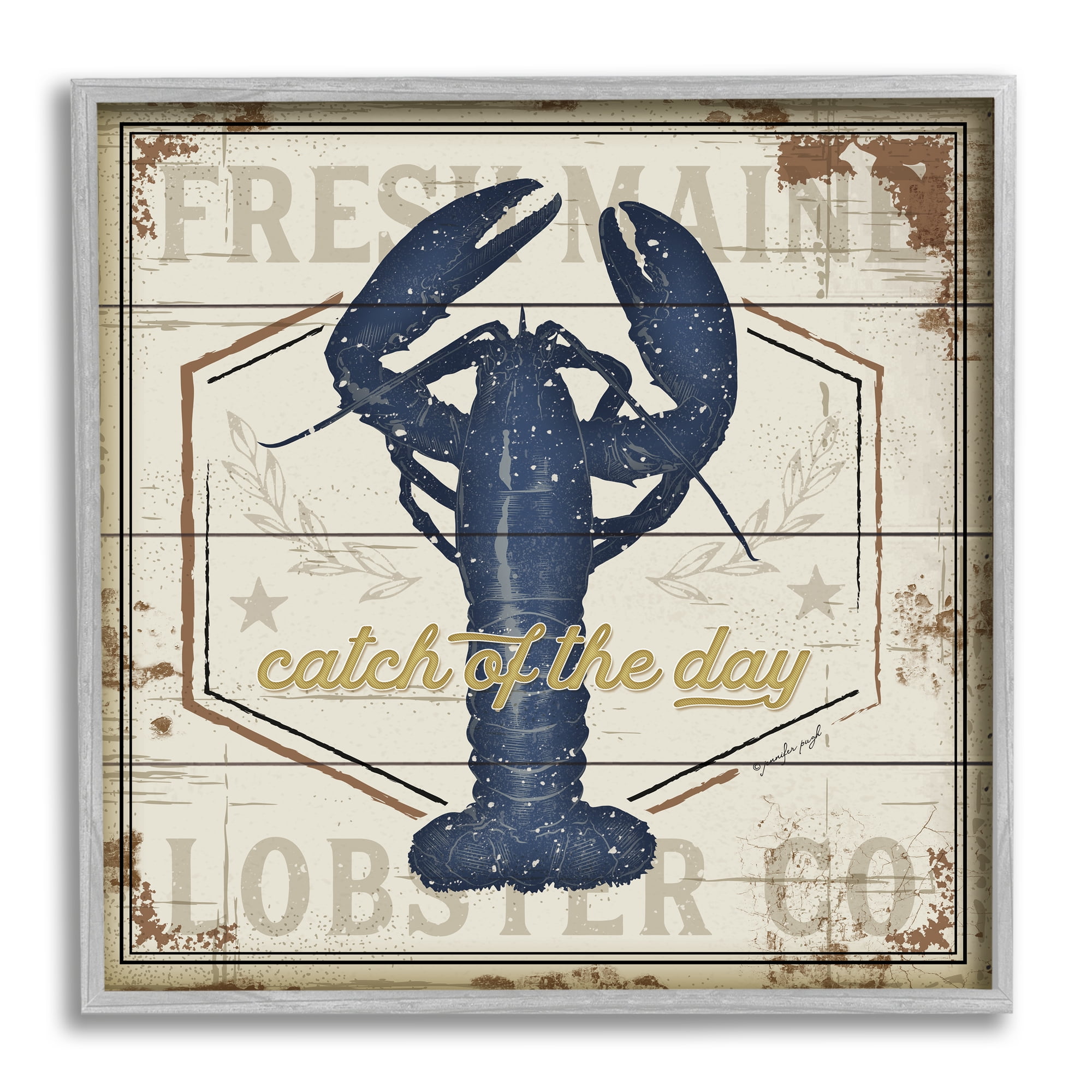 Catch of the Day Vintage Blue Lobster Plank Pattern Animals & Insects Framed Art Print Wall Art, 17x17