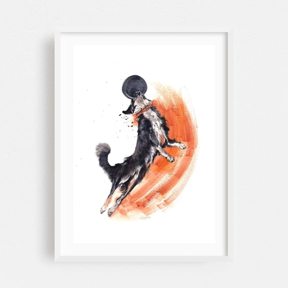 Catch the Freesbie - Painting Dog Watercolor Animal Illustration Wildlife Sports White Framed Wall Art Print 24 x 36 inches