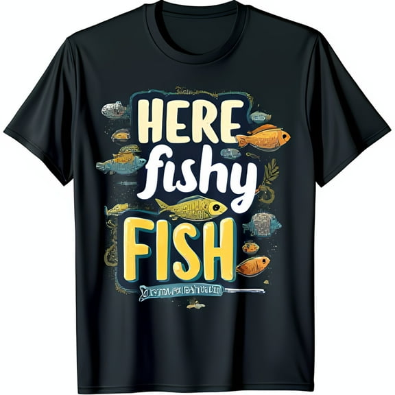 Catch the Fun with Our Black T-Shirt Featuring a Colorful Here Fishy Fish Graphic