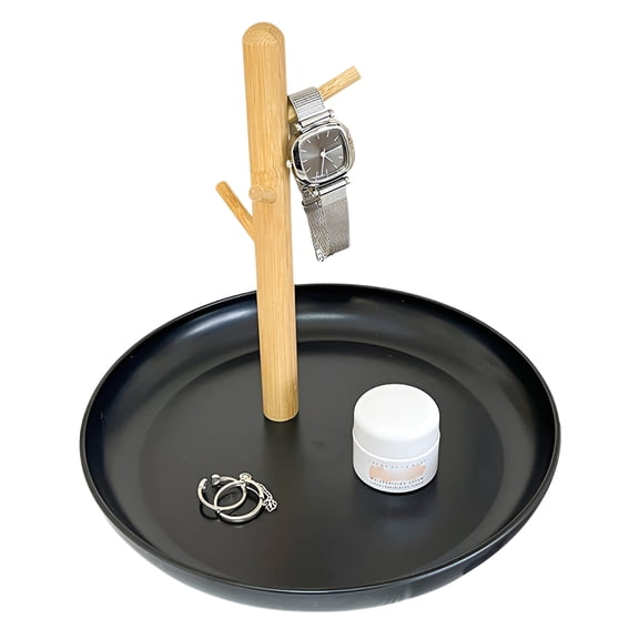 Catchall Tray with Wood Jewelry Rack 3 Hooks Entryway Key Organizer Desk Tray Black/White