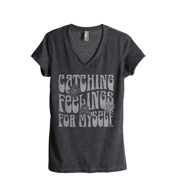 Catching Feelings For Myself Women's Fashion Relaxed V-Neck T-Shirt Tee Charcoal Grey Large