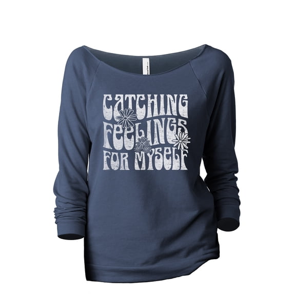 Catching Feelings For Myself Women's Fashion Slouchy 3/4 Sleeves Raglan Lightweight Sweatshirt Navy Medium