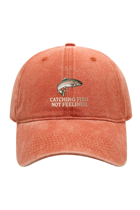Catching Fish Not Feelings Trout Embroidered Vintage Washed Cotton Dad Hat, Adjustable Adult Angler Cap for Men Women Fishing Outdoor Gift