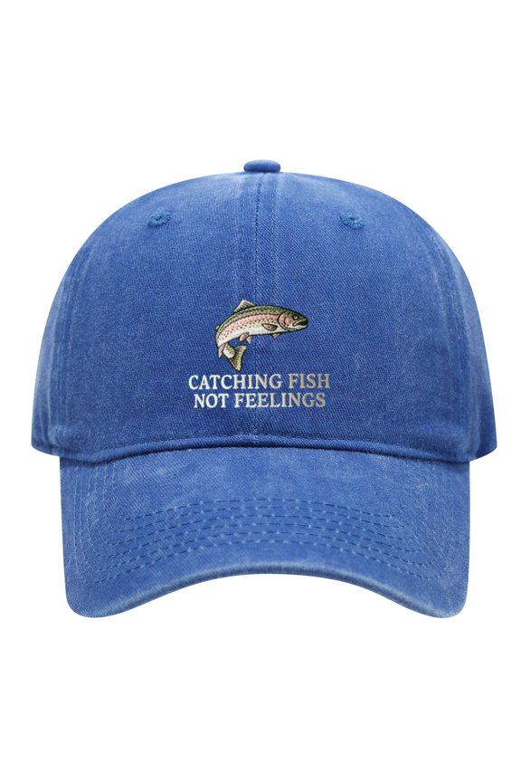 Catching Fish Not Feelings Trout Embroidered Vintage Washed Cotton Dad Hat, Adjustable Adult Angler Cap for Men Women Fishing Outdoor Gift