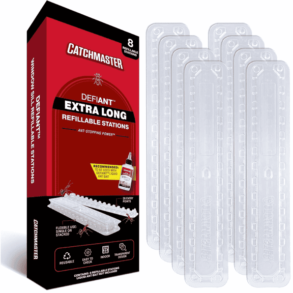 Catchmaster DEFIANT Extra Long Reusable Ant Traps Indoor (8 Pk) For Narrow Spaces – Liquid Ant Killer Bait NOT Included - Stackable, Clear Ant Trap