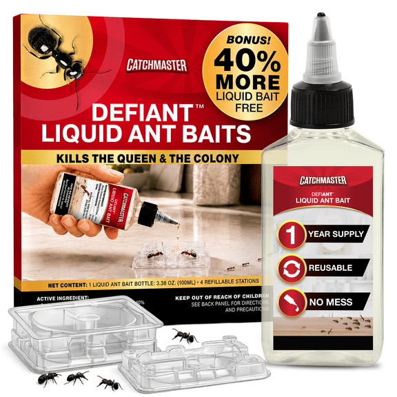 Catchmaster DEFIANT Liquid Ant Bait + 4 Reusable Bait Stations, Ant Traps Indoor & Outdoor