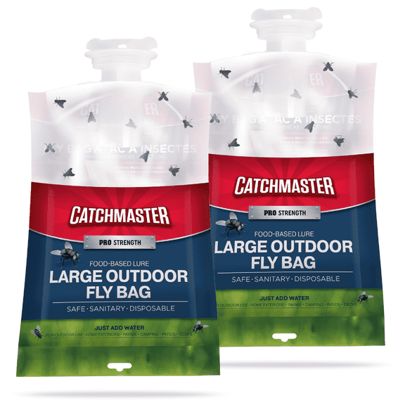 Catchmaster XL Disposable Fly Bag 2-PK, Hanging Fly Traps Outdoor For Home & Backyard, Large Fly Trap with AirLock Lid for No-Mess Disposal