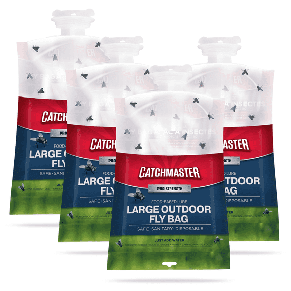 Catchmaster XL Disposable Fly Bag 4-PK, Hanging Fly Traps Outdoor For Home & Backyard, Large Fly Trap with AirLock Lid for No-Mess Disposal