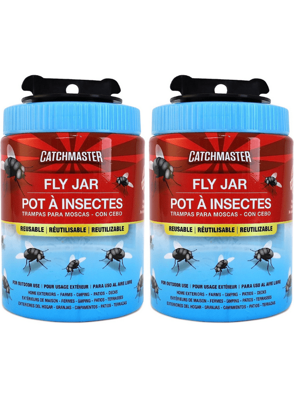 Catchmaster Reusable Fly Traps Outdoor Jar 2ct, Natural Attractant Bug Catcher - Pet Safe, Non-Toxic