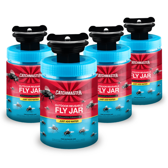 Catchmaster Reusable Outdoor Fly Traps with Fly Bait – 4 PK Hanging Fly Trap Jars