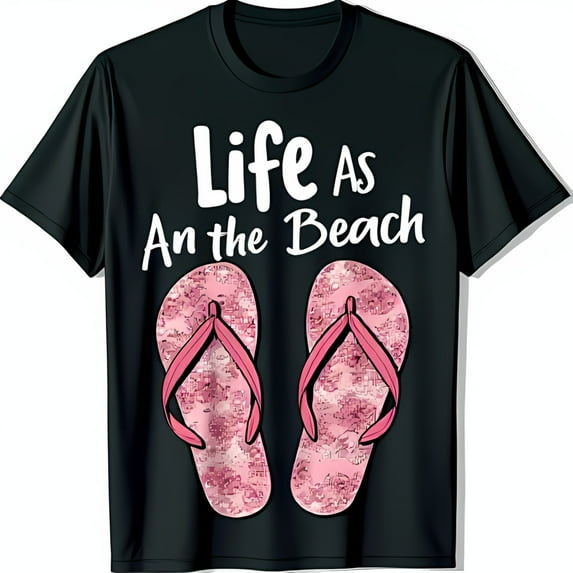 Catchy Black T-Shirt with 'Life as An the Beach' Graphic & Pink Flip Flops