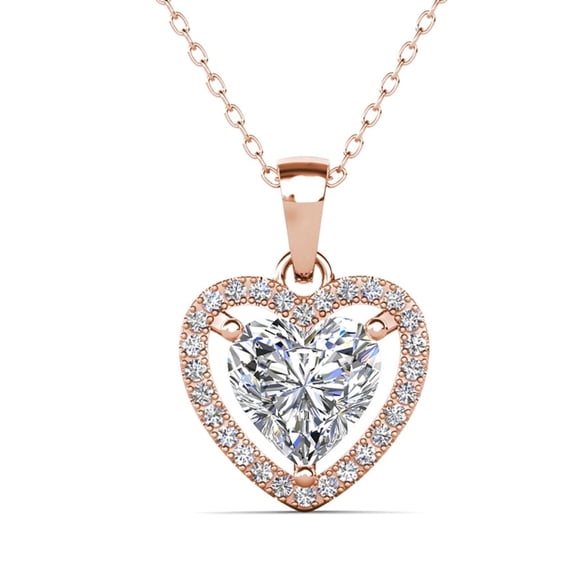 Cate & Chloe Amora 18k Rose Gold Plated Heart Pendant Necklace with Simulated Diamonds for Women