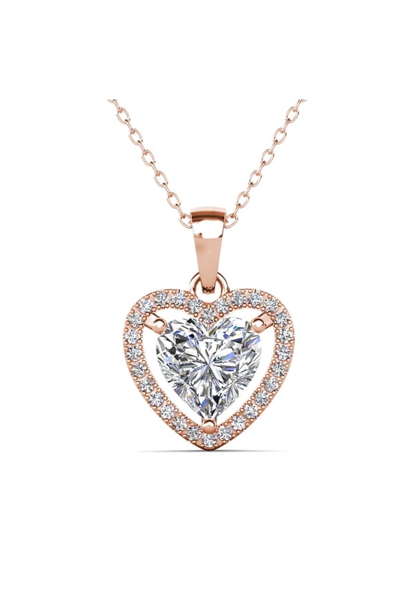 Amora 18k Rose Gold Plated Heart Pendant Necklace with Simulated Diamonds for Women