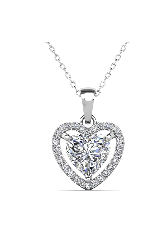 Amora 18k White Gold Plated Heart Pendant Necklace with Simulated Diamonds for Women
