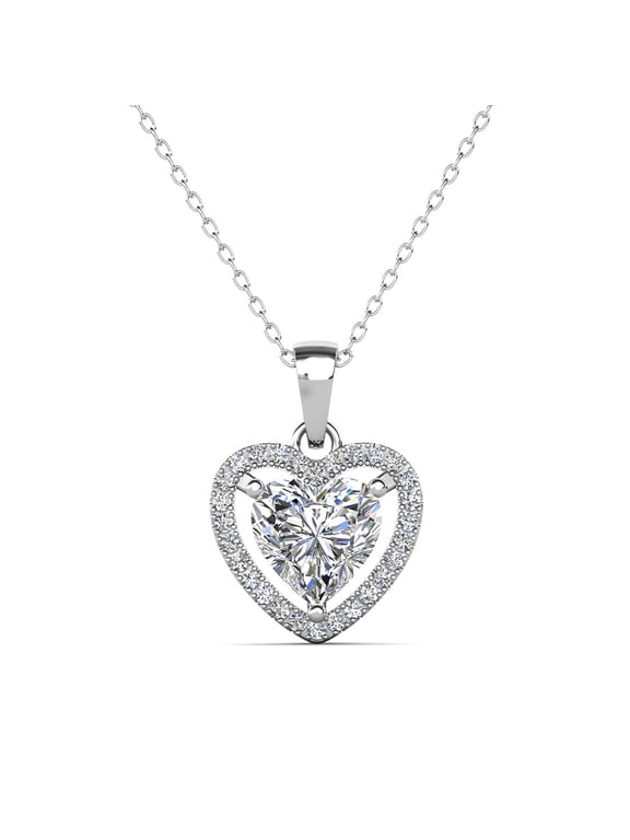 Amora 18k White Gold Plated Silver Heart Necklace with Simulated Diamonds for Women