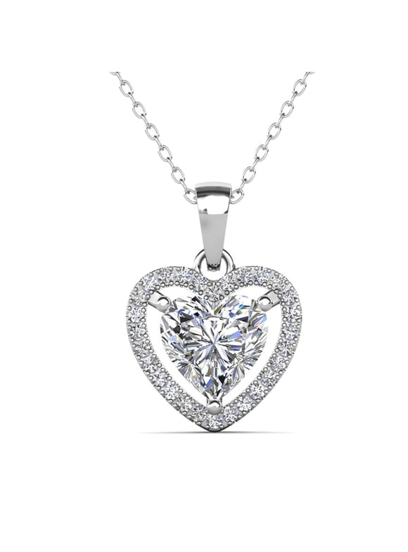 Amora 18k White Gold Plated Heart Pendant Necklace with Simulated Diamonds for Women