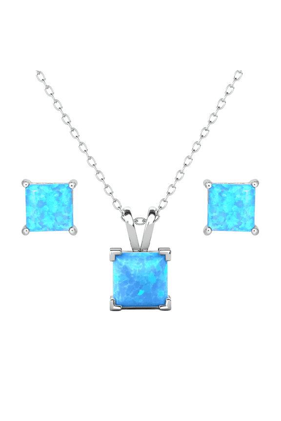 Amphitrite Opal Sterling Silver Jewelry Set Necklace and Stud Earrings, Gift for Women