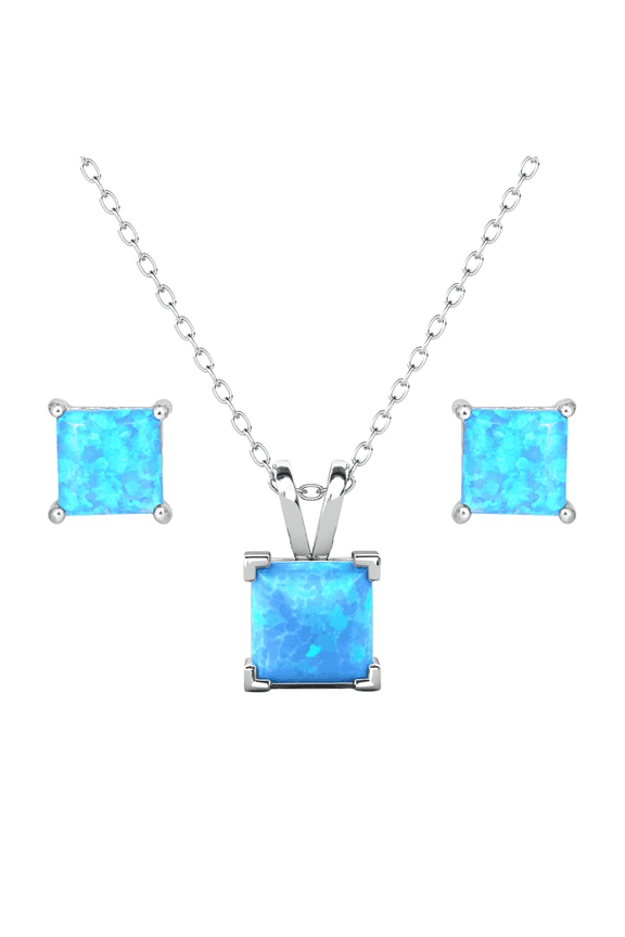 Amphitrite Opal Sterling Silver Jewelry Set Necklace and Stud Earrings, Gift for Women