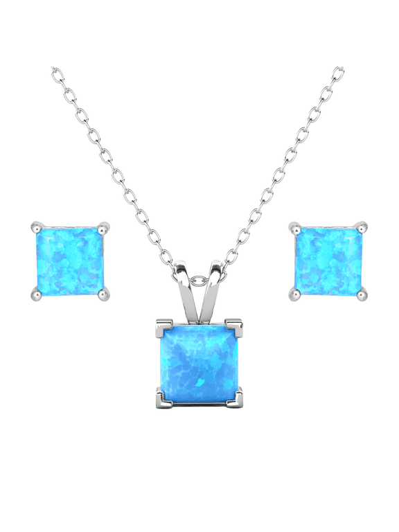 Amphitrite Opal Sterling Silver Jewelry Set Necklace and Stud Earrings, Gift for Women