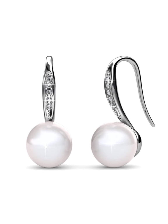Ann 18k White Gold Plated Shell Pearl Drop Earrings with Swarovski Crystals for Women