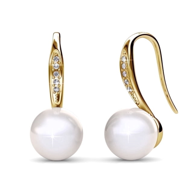 Cate & Chloe Ann 18k Yellow Gold Plated Shell Pearl Drop Earrings with Swarovski Crystals for Women