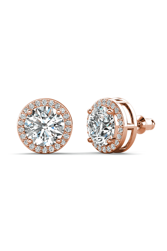 Ariel 18k Rose Gold Plated Halo Stud Earrings with Simulated Diamonds, Gift for Women