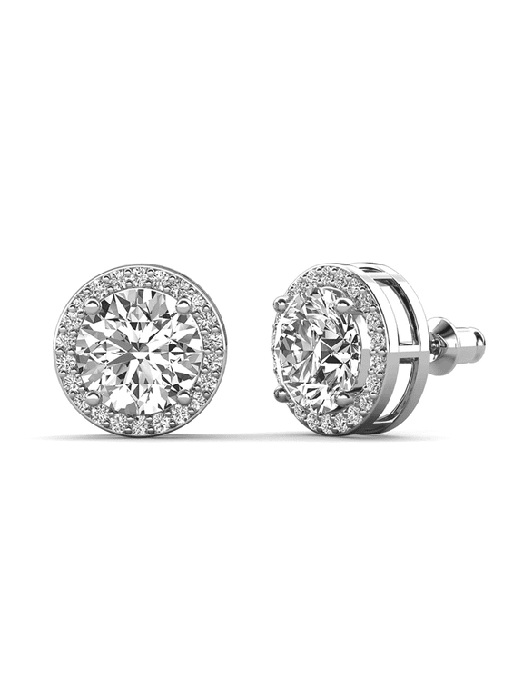 Ariel 18k White Gold Plated Silver Halo Stud Earrings with Simulated Diamonds for Women