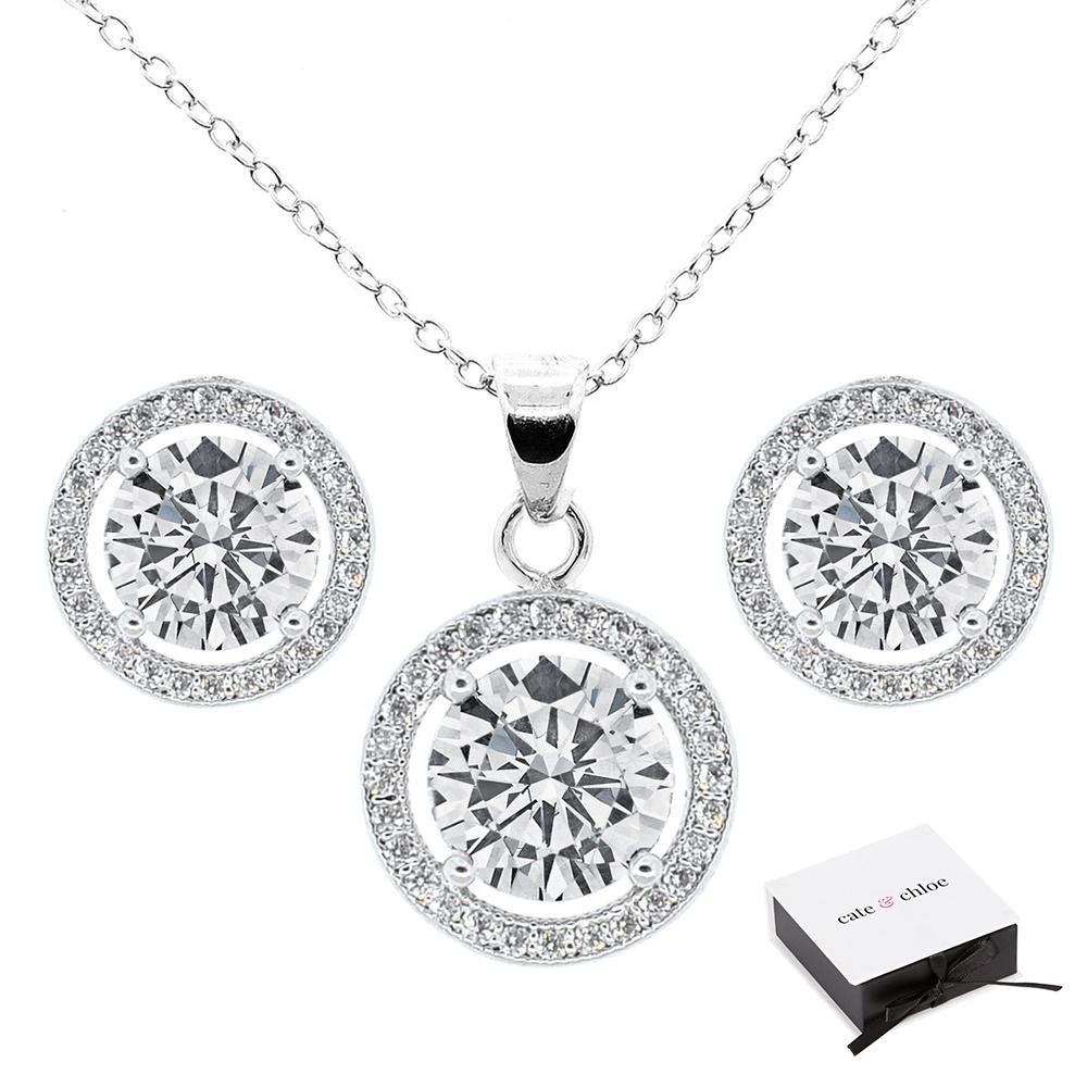 Cate & Chloe Ariel Jewelry Set, 18k White Gold Cubic ZIrconia Pendant Necklace and Stud Earrings, Bridal Jewelry Set, Round Cut Necklace Earring Set for Women, Silver Halo Jewelry Set - image 1 of 3