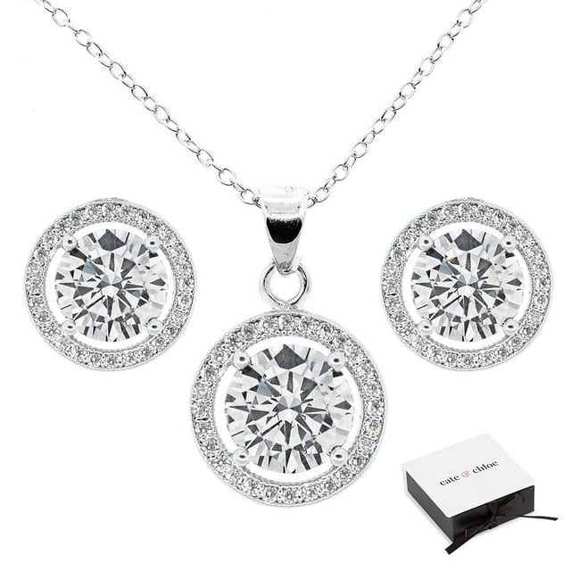 Cate & Chloe Ariel Jewelry Set, 18k White Gold Cubic ZIrconia Pendant Necklace and Stud Earrings, Bridal Jewelry Set, Round Cut Necklace Earring Set for Women, Silver Halo Jewelry Set