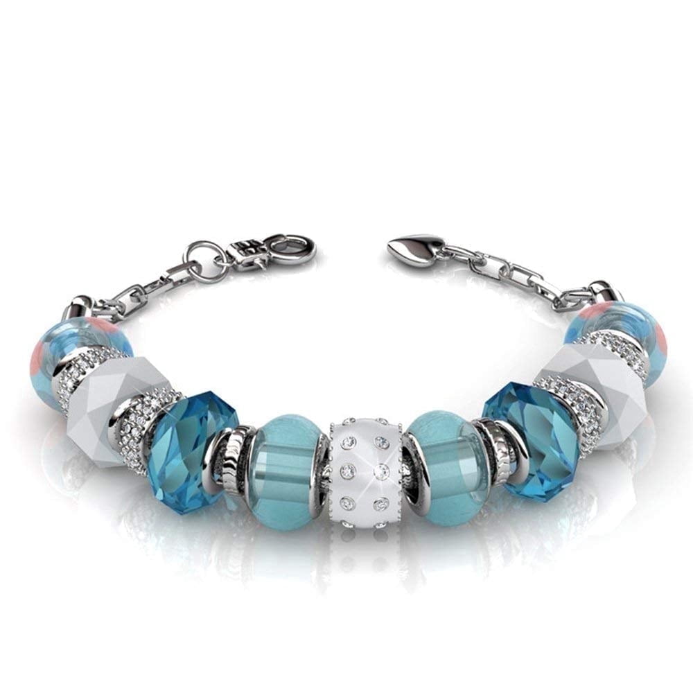 Cate & Chloe Aurora 18k White Gold Plated Bracelet with Blue Beads and Swarovski Crystals for Women
