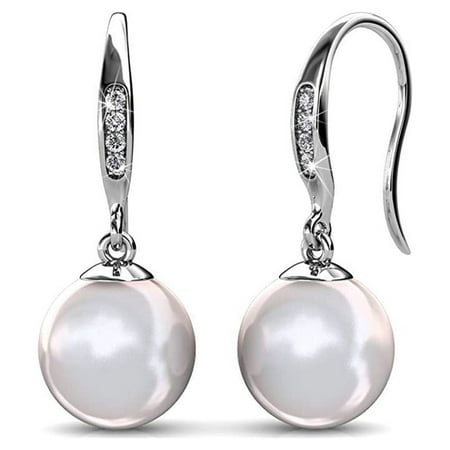 Cate & Chloe Betty 18k White Gold Plated Pearl Earrings with Crystals | Women's Drop Earrings, Gift for Her