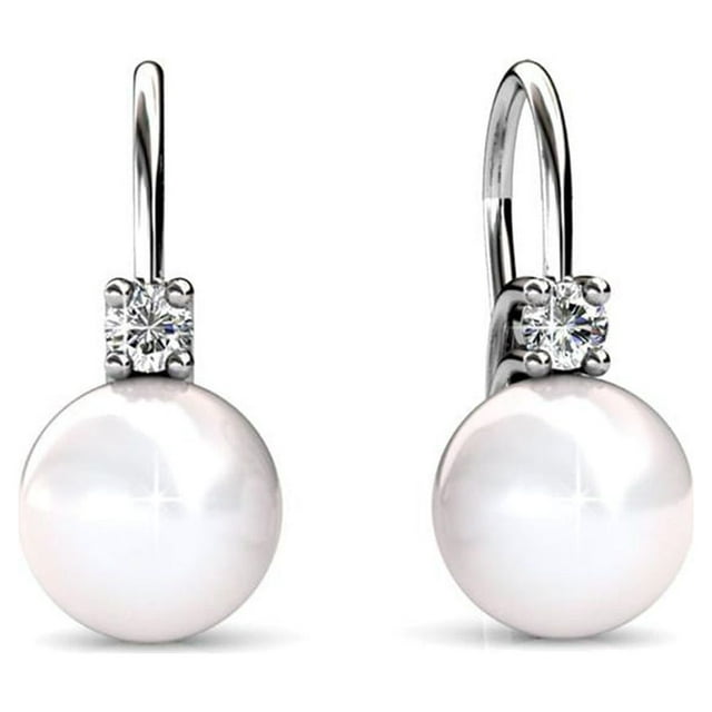 Cate & Chloe Cassie 18k White Gold Plated Silver Pearl Drop Earrings | Crystal Earrings for Women, Gift for Her