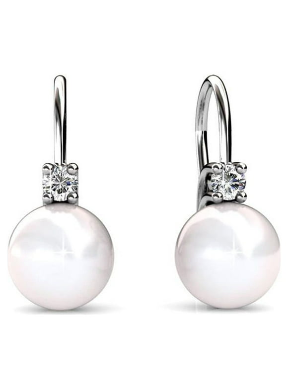 Cate & Chloe Cassie 18k White Gold Plated Silver Pearl Drop Earrings | Crystal Earrings for Women, Gift for Her