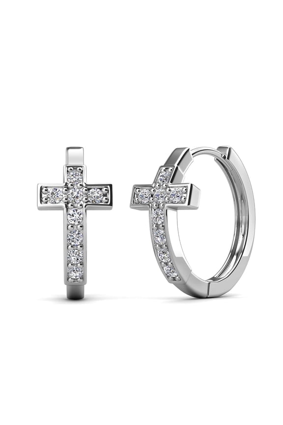 Danielle 18k White Gold Plated 18mm Hoop Cross Women's Earrings, Swarovski Crystals