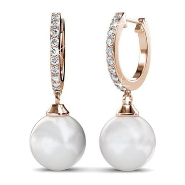 Cate & Chloe Daphne 18k Rose Gold Plated Pearl Drop Earrings with Swarovski Crystals for Women
