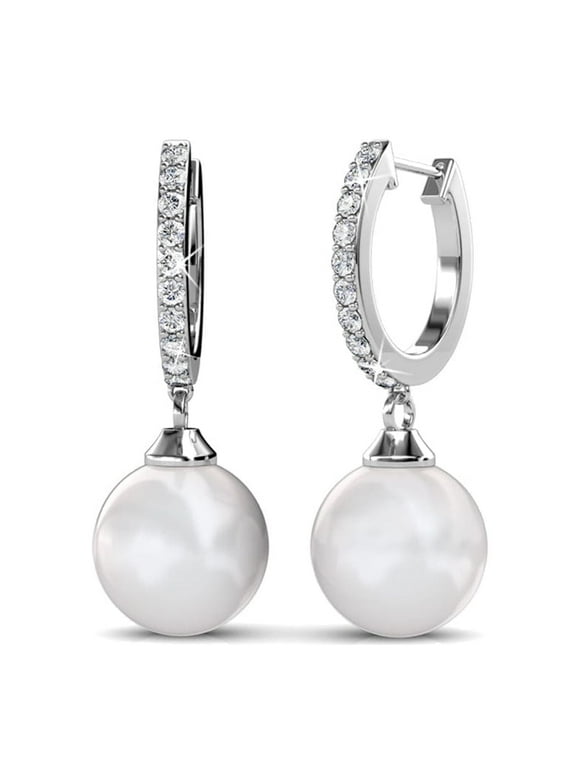 Daphne 18k White Gold Plated Shell Pearl Earrings with Swarovski Crystals for Women