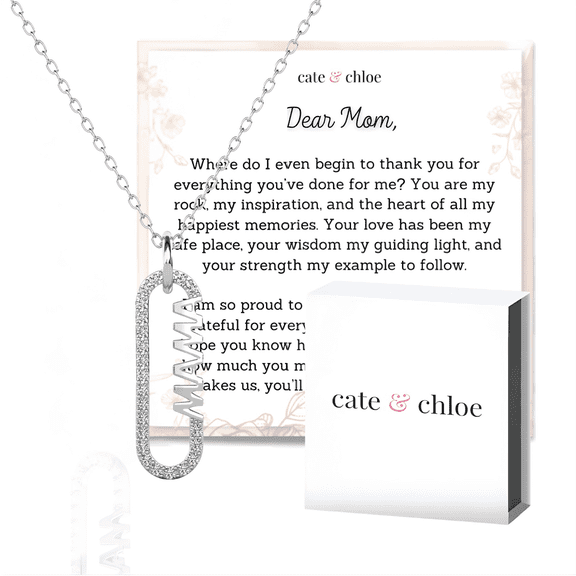 Cate & Chloe Elaine 18k White Gold Plated Mama Necklace with Heartfelt Message Card, Gift for Mom