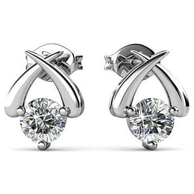 Cate & Chloe Eloise Modest Unique White Gold Stud Halo Earrings, 18k White Gold Plated Studs with Swarovski Crystals, Geometric Stud Earring Set Solitaire Round Cut Crystals
