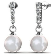 Cate & Chloe Gabrielle 18k White Gold Earrings w/ Swarovski Crystal & Pearls, Drop Dangle Pearl Stud Earring Set, Wedding Anniversary Jewelry, Silver Earrings for Women MSRP $131