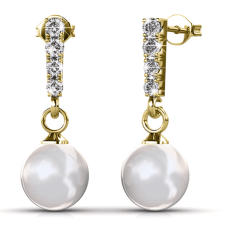 Cate & Chloe Gabrielle 18k Yellow Gold Plated Shell Pearl Earrings with Swarovski Crystals for Women