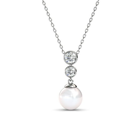 Cate & Chloe Genevieve Sweet Pearl Pendant Necklace, Women's 18k White Gold Plated Necklace with a Solitaire Pearl & Round Cut Swarovski Crystals, Silver Pendant Drop Necklace for Women