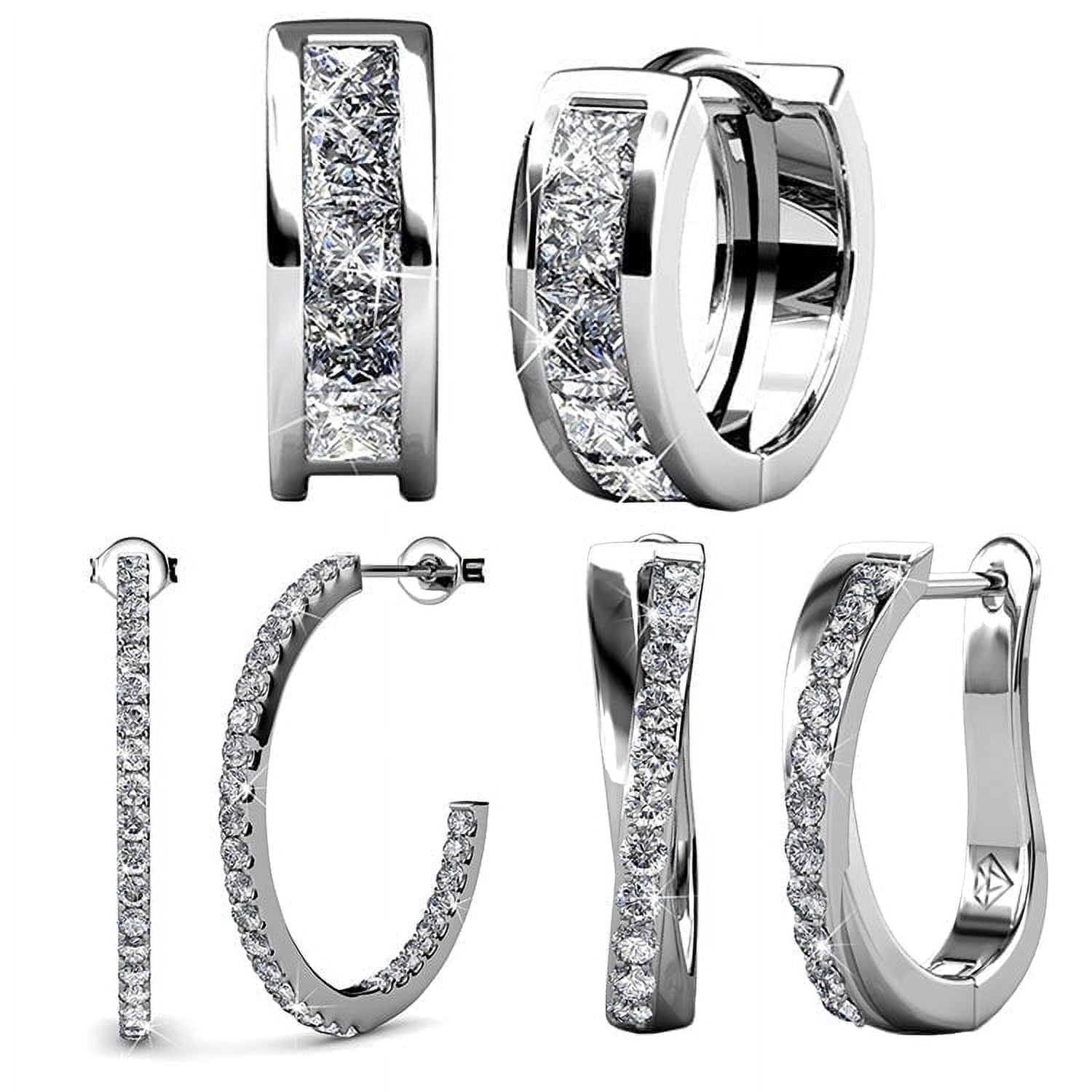 CATE & CHLOE Pack of 3 - Giselle, Amaya & Rosalyn 18k White Gold Plated Hoop Earrings with Swarovski Crystals for Women